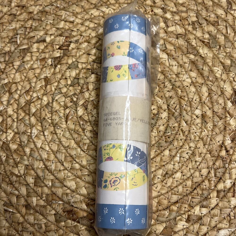 Vintage Spiegel Double Wedding Ring Quilt Wallpaper Border Blue Yellow 5 Yds NOS